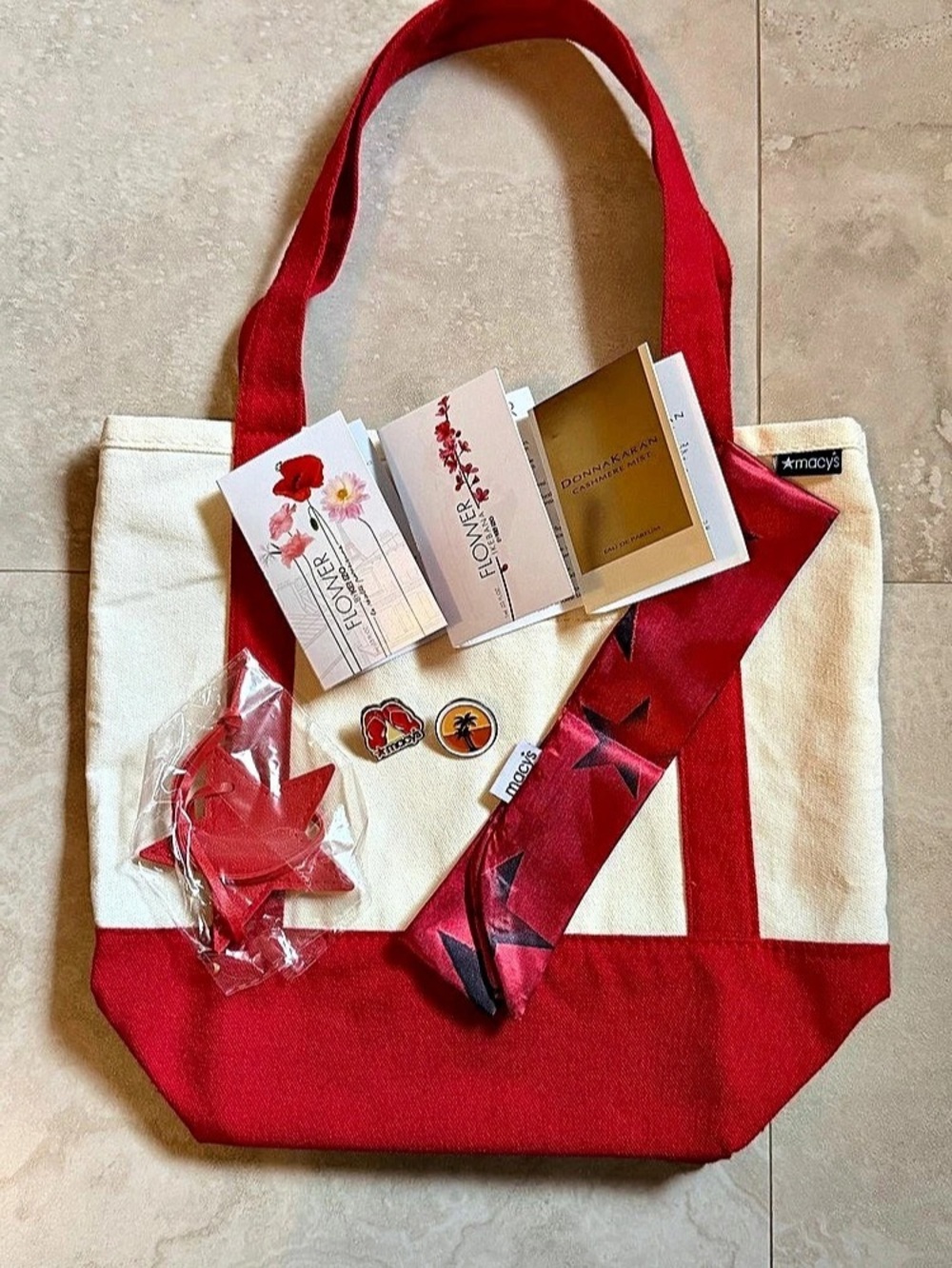 Macy’s Red & Beige Canvas Tote With Pins Silk Scarf and More